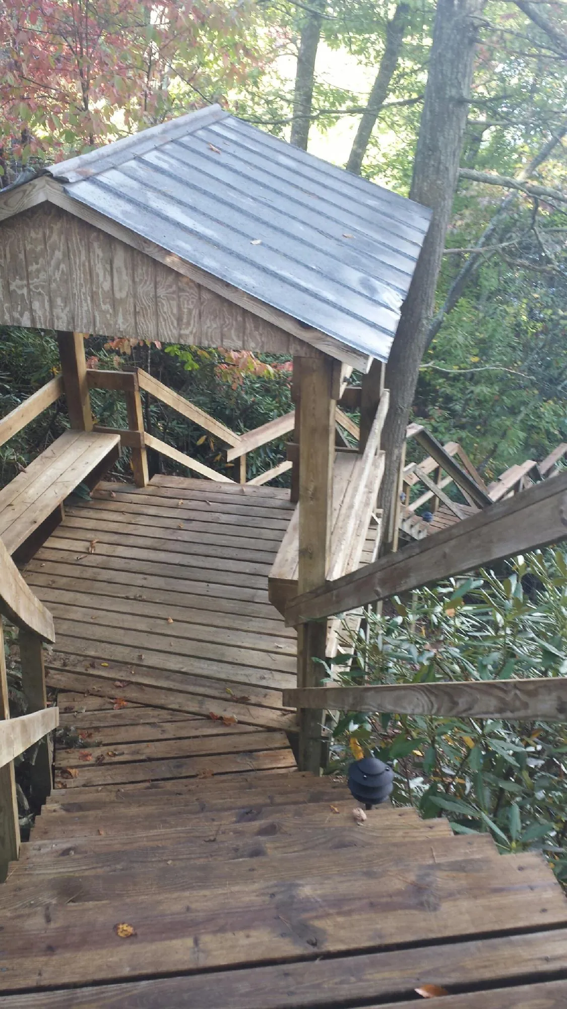 Metal roofed shelter over wooden steps on a wooded walkway — Skylight Repair & Installation work by our crew in Gerlaw
